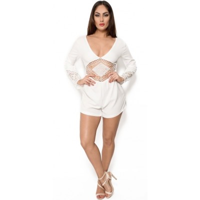 'Anahi' white lace playsuit with long sleeves